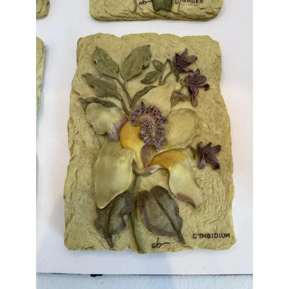 Set‎ 4 Vintage Cherri Blum Wall Plaques Art 3D Floral Tiles Cynara Protea Ginger